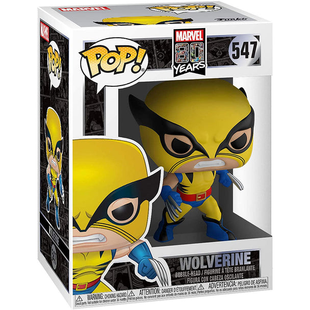 Vue rapprochée de la figurine Funko POP Wolverine Marvel 80th First Appearance avec détails précis et couleurs vives