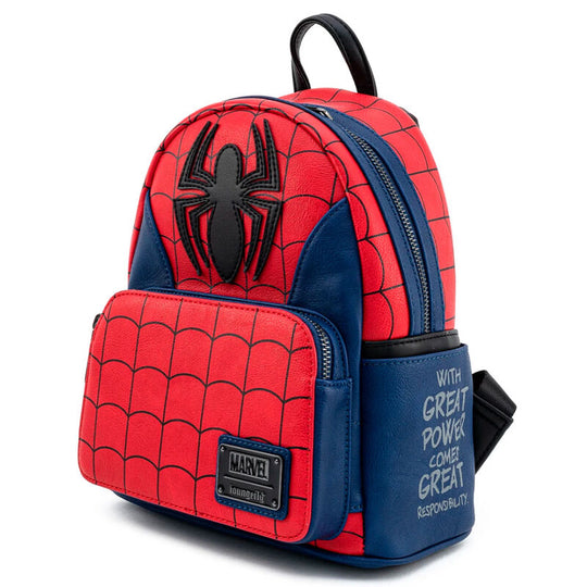 Vue latérale du sac à dos Marvel Spiderman Loungefly montrant la fermeture zippée