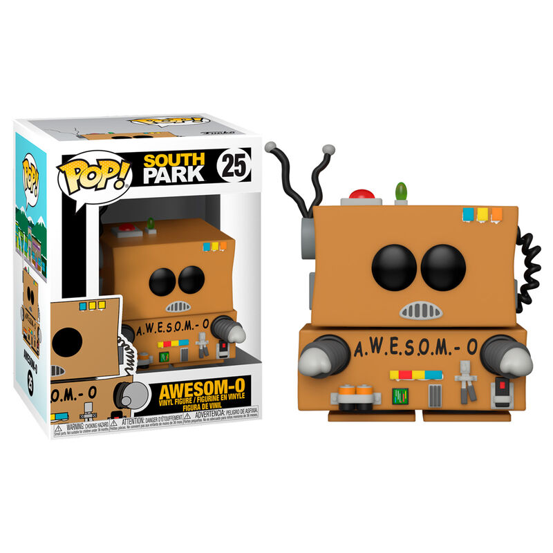 Packaging de la figurine Funko POP Awesom-O South Park avec logo officiel et fenêtre d'exposition