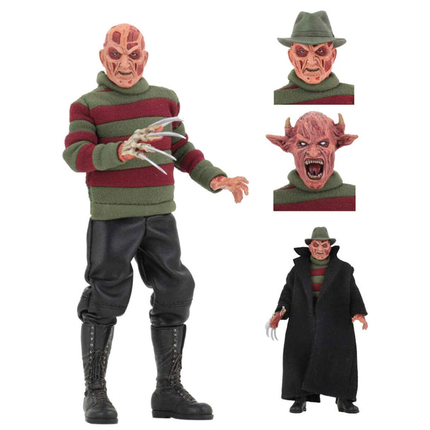 Gros plan sur le visage terrifiant de la figurine Freddy Krueger avec détails réalistes de cicatrices et expression menaçante
