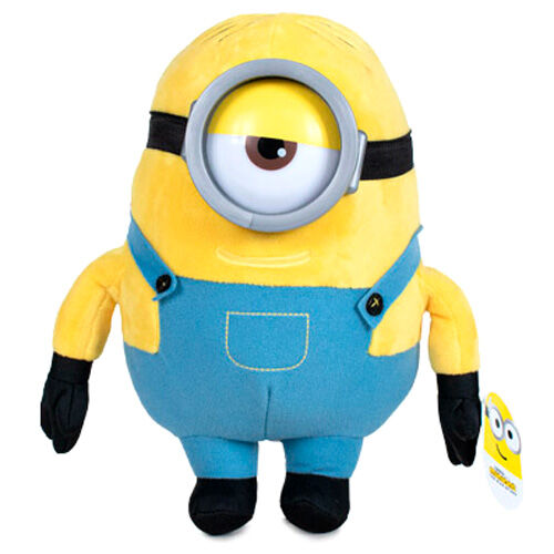 Peluche Minions Stuart de 30cm vue de face avec son sourire emblématique et ses lunettes rondes jaunes
