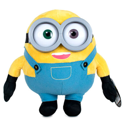 Peluche Minions Bob de 24 cm vue de face, avec ses grands yeux et son sourire emblématique, jouet officiel PLAY BY PLAY