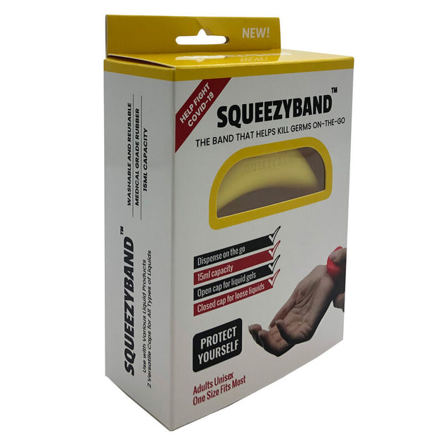 Bracelet distributeur de gel hydroalcoolique jaune SQUEEZYBAND porté au poignet d’un adulte
