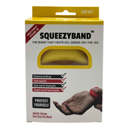 Gros plan sur le mécanisme ajustable du bracelet distributeur de gel SQUEEZYBAND jaune