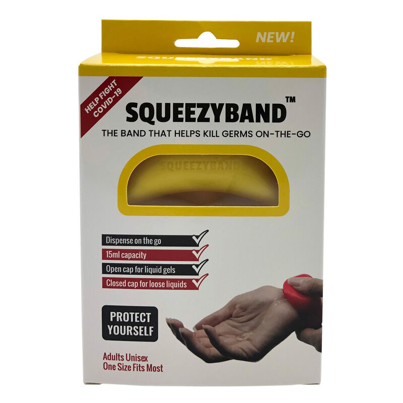 Gros plan sur le mécanisme ajustable du bracelet distributeur de gel SQUEEZYBAND jaune