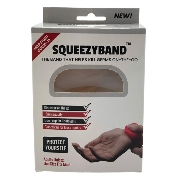 Bracelet distributeur de gel désinfectant transparent SQUEEZYBAND porté au poignet d'un adulte