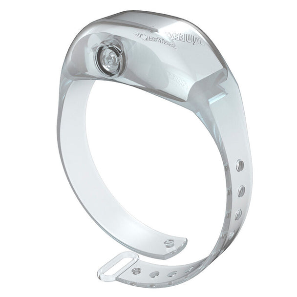 Zoom sur le mécanisme réglable du bracelet gel désinfectant transparent SQUEEZYBAND