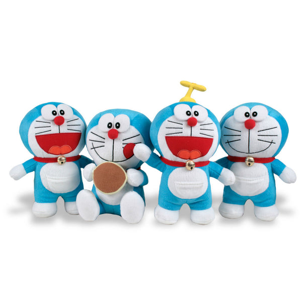Peluche douce Doraemon de 20-22 cm en velboa de qualité, vue de face avec détails fidèles au personnage.