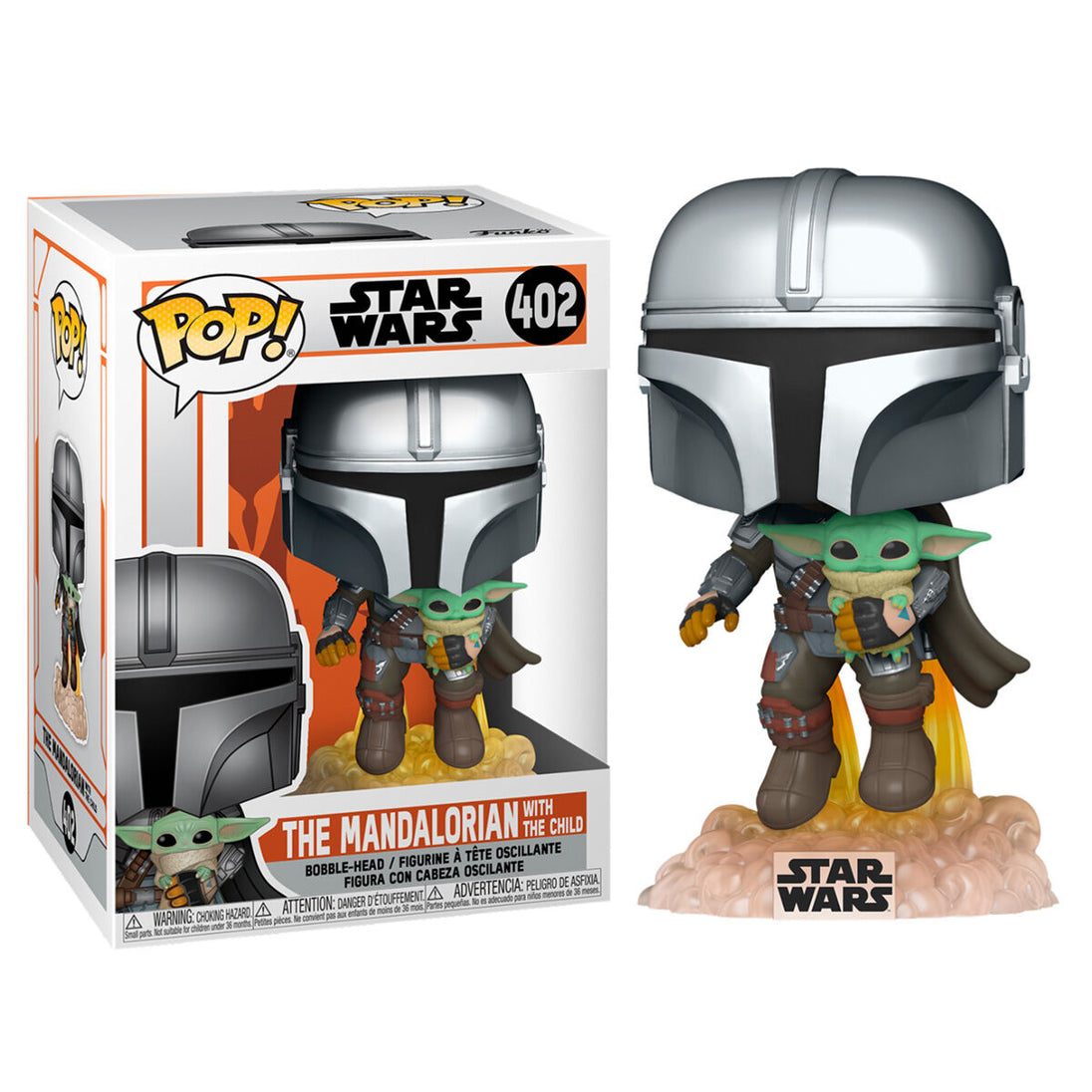 Figurine Funko POP The Mandalorian Mando avec jet pack en vol, vue de face dans sa boîte vitrine