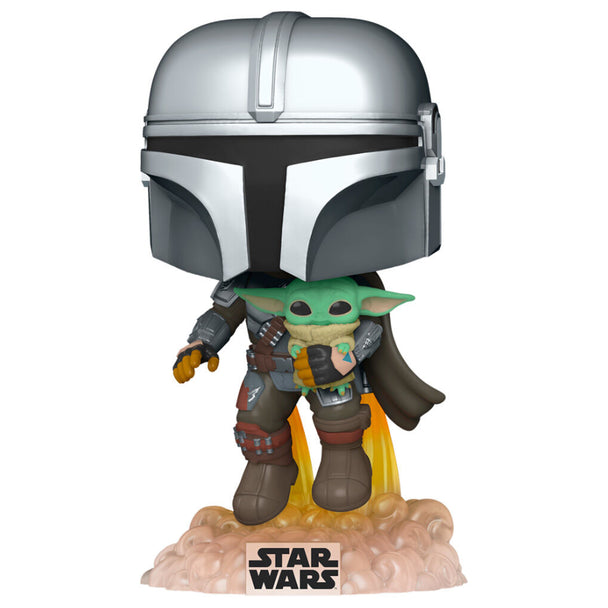 Détail de la figurine Funko POP Star Wars The Mandalorian montrant le jet pack et le casque emblématique