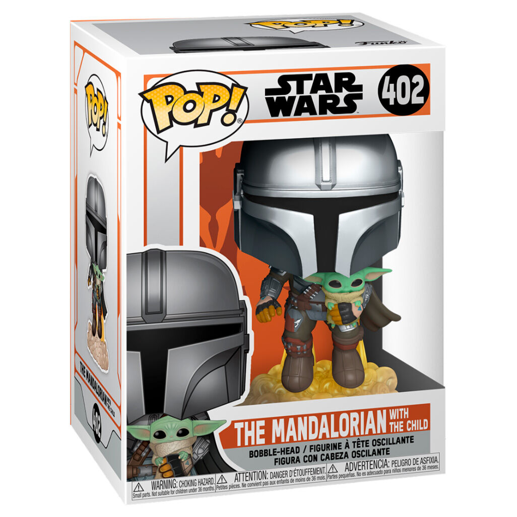 Packaging fenêtre de la figurine Funko POP The Mandalorian Mando avec jet pack, affichant le logo Star Wars