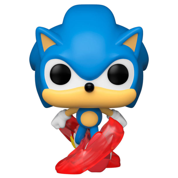Figurine Funko POP Sonic 30th Anniversary de 9 cm montrant Sonic en pleine course, emballée dans sa boîte vitrine transparente.