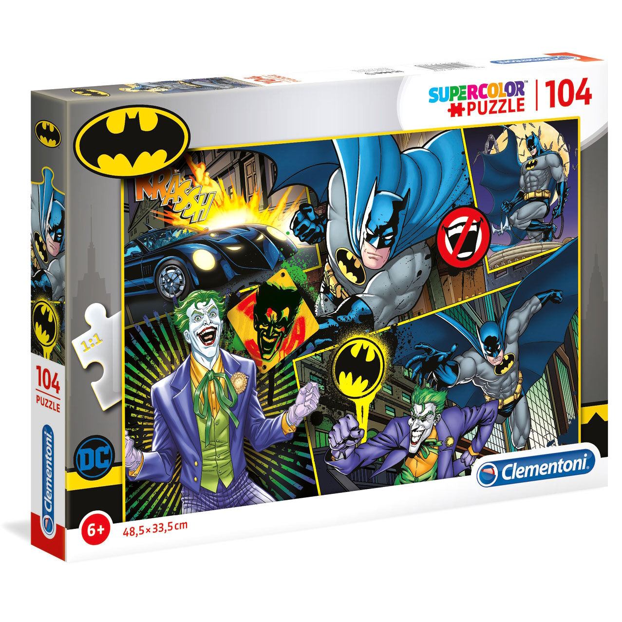 Image du puzzle DC Comics Batman 104 pièces de CLEMENTONI montrant la boîte colorée avec logo Batman
