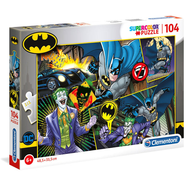 Image du puzzle DC Comics Batman 104 pièces de CLEMENTONI montrant la boîte colorée avec logo Batman