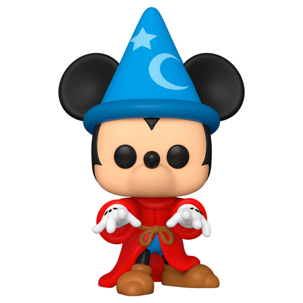 Zoom sur les détails de la figurine Funko POP Sorcerer Mickey avec baguette magique et robe bleue, édition anniversaire Fantasia