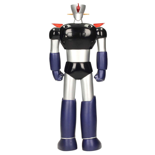 Vue de profil de la figurine Mazinger Z mettant en valeur son éclairage au torse et son armure détaillée