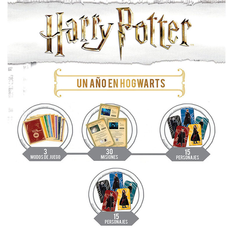 Plateau principal du jeu Harry Potter One Year in Hogwarts en espagnol avec illustrations colorées et thème magique.