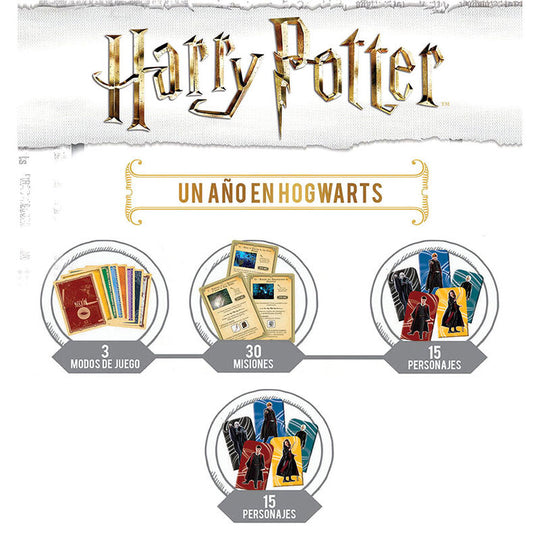 Plateau principal du jeu Harry Potter One Year in Hogwarts en espagnol avec illustrations colorées et thème magique.
