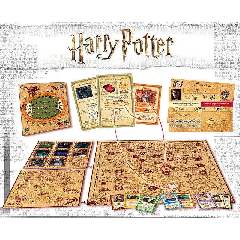 Cartes de personnages et cartes d'aventure du jeu Harry Potter en espagnol, détaillant les actions et pouvoirs des héros.