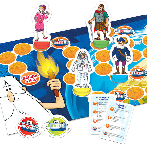 Plateau de jeu Spanish Once Upon a Time... The Man avec ses pions colorés et cartes questions sur l'histoire de l'humanité.