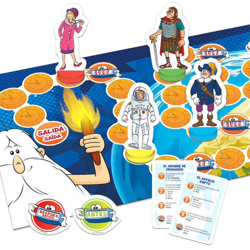 Plateau de jeu Spanish Once Upon a Time... The Man avec ses pions colorés et cartes questions sur l'histoire de l'humanité.