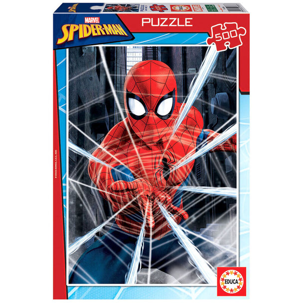 Boîte du puzzle Spiderman 500 pièces EDUCA BORRAS montrant le packaging officiel Marvel et les détails du produit