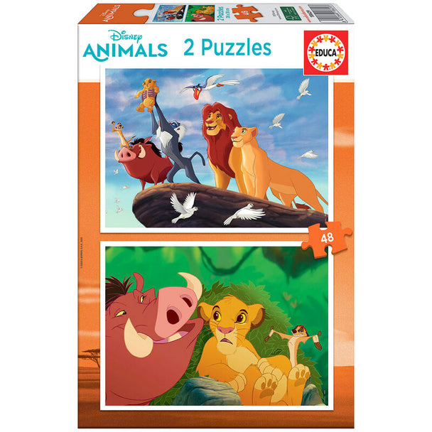 Boîte du puzzle EDUCA BORRAS Le Roi Lion avec illustrations et détails des 2 puzzles de 48 pièces