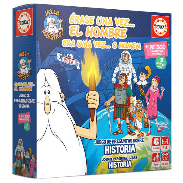 Cartes questions du jeu Spanish Once Upon a Time... The Man, présentant des questions éducatives en espagnol sur l'histoire humaine.