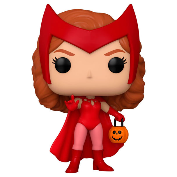 Figurine Funko POP de Wanda en costume Halloween, vue de face avec boîte vitrine Marvel WandaVision