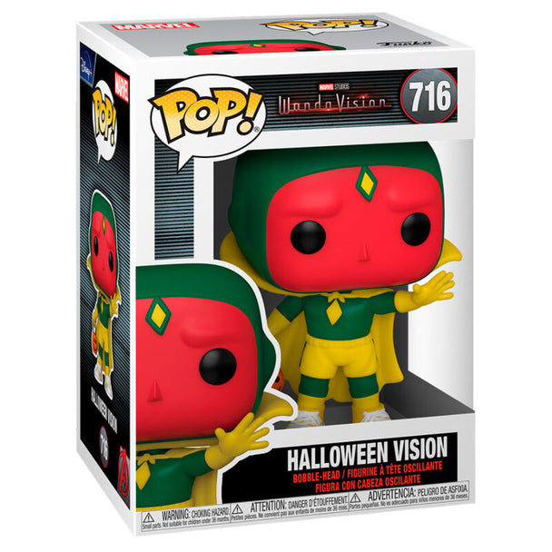 Vue de face de la figurine Funko POP Vision édition Halloween avec détails colorés et boîte transparente