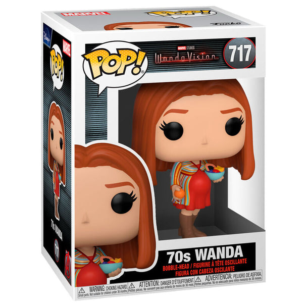 Vue de face de la figurine Funko POP WandaVision Wanda 70s avec détails du costume années 70