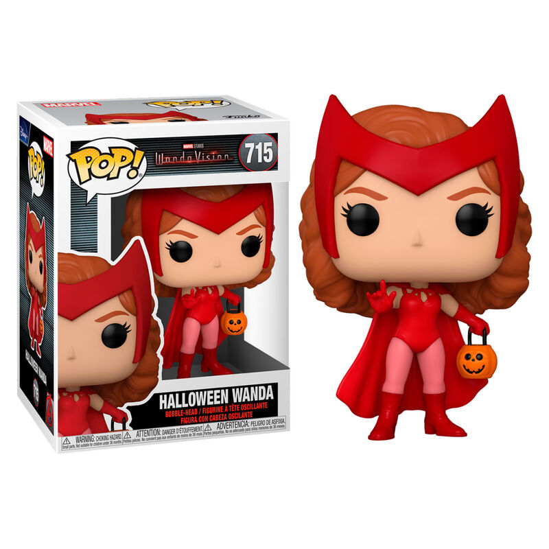 Vue latérale de la figurine Funko POP Wanda Halloween dans sa boîte transparente officielle Marvel