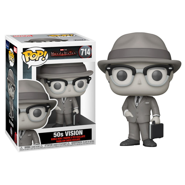 Vue rapprochée de la figurine Funko POP Vision avec détails du visage et costume inspirés de WandaVision.