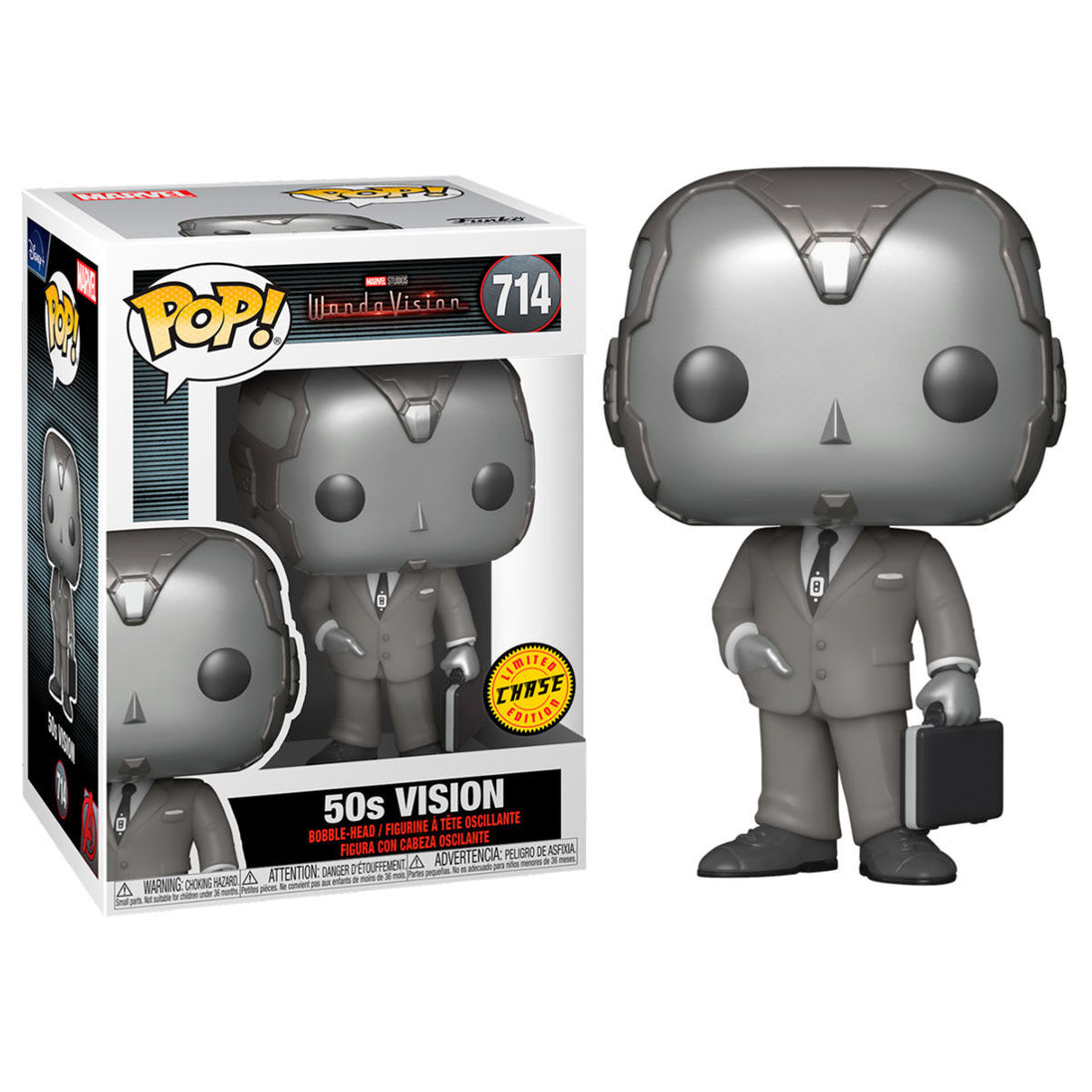 Boîte collector de la figurine Funko POP Vision Marvel WandaVision avec indication de la version Chase exclusive.