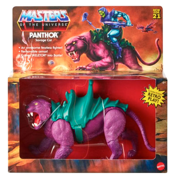 Figurine Panthor articulée de 23 cm de la collection Masters of the Universe Origins, vue de face avec accessoires