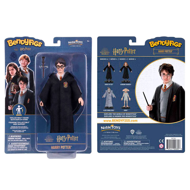 Figurine flexible Harry Potter de 19 cm tenant sa baguette magique, vue de face sur fond blanc