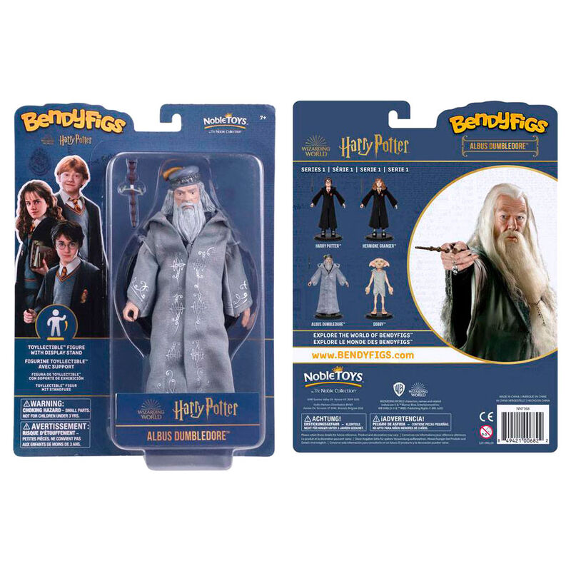 Figurine flexible de Dumbledore avec sa baguette magique, vue de face, haute de 19 cm