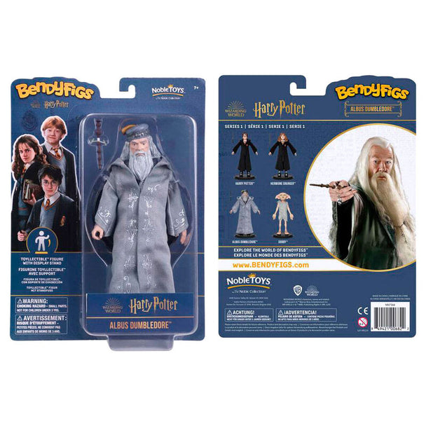 Figurine flexible de Dumbledore avec sa baguette magique, vue de face, haute de 19 cm