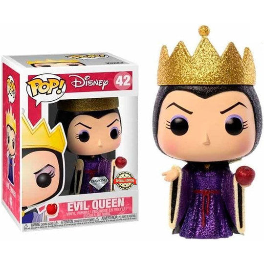 Figurine Funko POP Disney Evil Queen Glitter exclusive de 9 cm dans sa boîte vitrine, montrant la méchante reine avec un effet pailleté brillant.