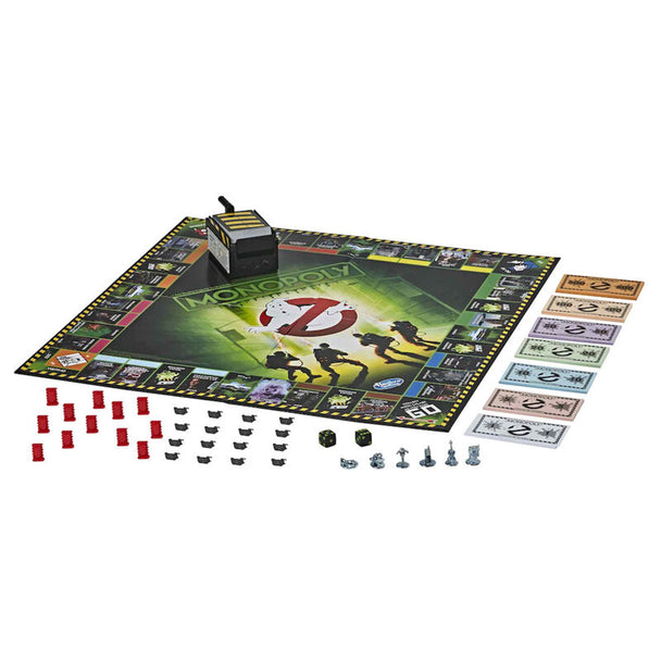 Vue du plateau de jeu Monopoly Ghostbusters édition espagnole avec illustrations thématiques colorées