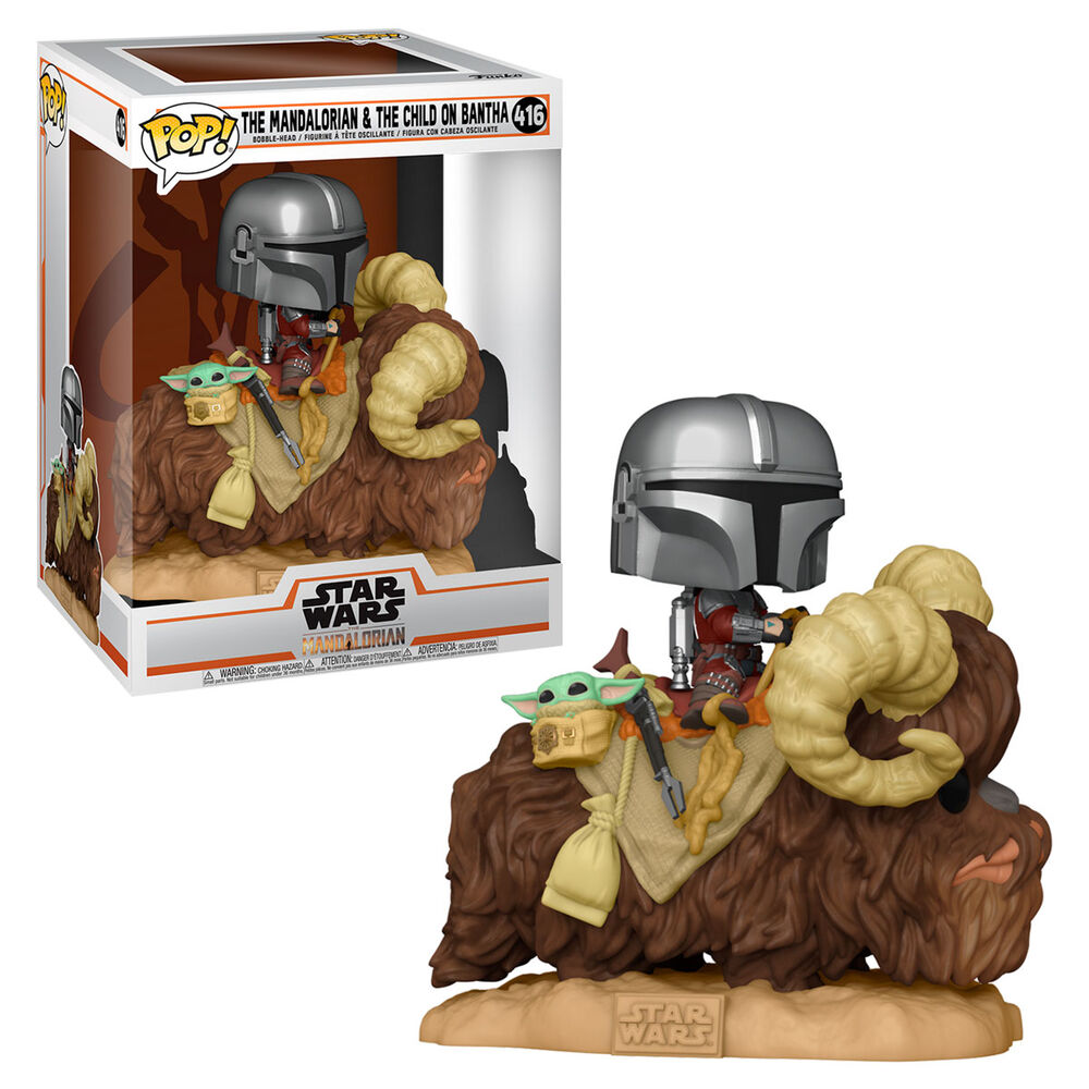Figurine Funko POP du Mandalorian chevauchant un Bantha dans une pose dynamique
