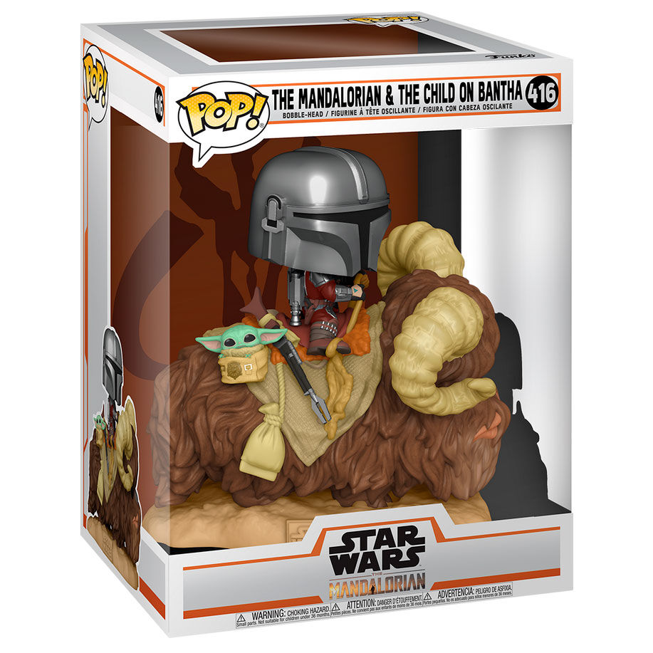 Vue latérale de la figurine Funko POP Star Wars The Mandalorian avec Bantha et l'Enfant