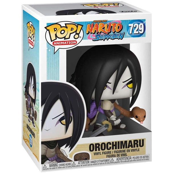 Vue rapprochée de la figurine Funko POP Orochimaru avec ses détails précis et sa boîte collector