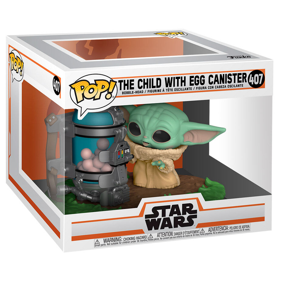 Détail de la figurine Funko POP The Mandalorian Enfant avec canister sur fond blanc