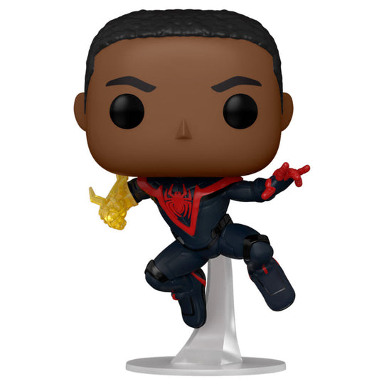 Détail du visage de la figurine Funko POP Spiderman Miles Morales avec masque noir et rouge emblématique