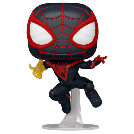 Vue latérale de la figurine Funko POP Spiderman Miles Morales mettant en avant les détails du costume classique