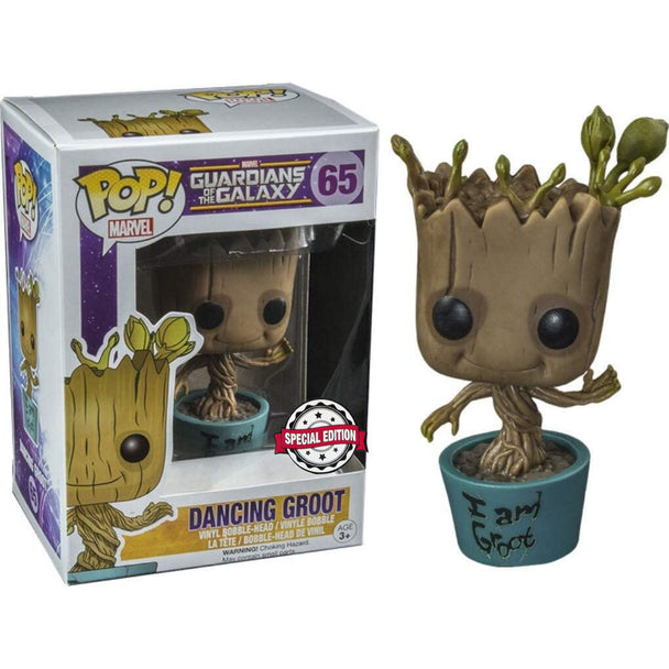 Figurine Funko POP exclusive I Am Groot dansant de Marvel Guardians of the Galaxy, en vinyle de 9 cm dans sa boîte vitrine.