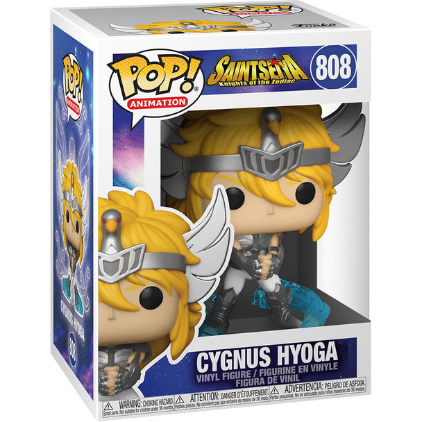 Détail de la figurine Funko POP Cygnus Hyoga montrant son armure bleue et son casque emblématique