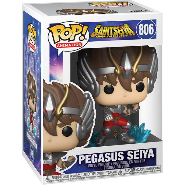 Vue rapprochée de la figurine Pegasus Seiya Funko POP montrant les couleurs vives et les détails du personnage