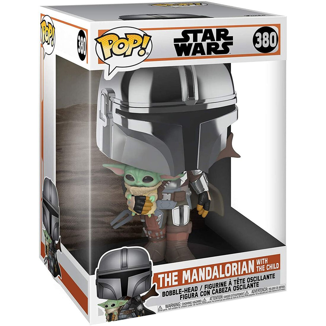 Vue rapprochée de la figurine Funko POP Mandalorian avec l'Enfant Yoda, détails précis et couleurs vives